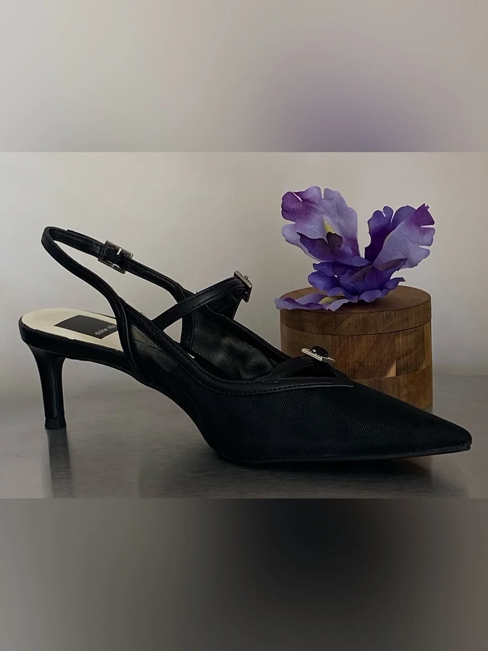DOLCE VITA BLACK MESH KITTEN HEEL SLINGBACK PUMPS WITH RHINESTONE BUCKLES